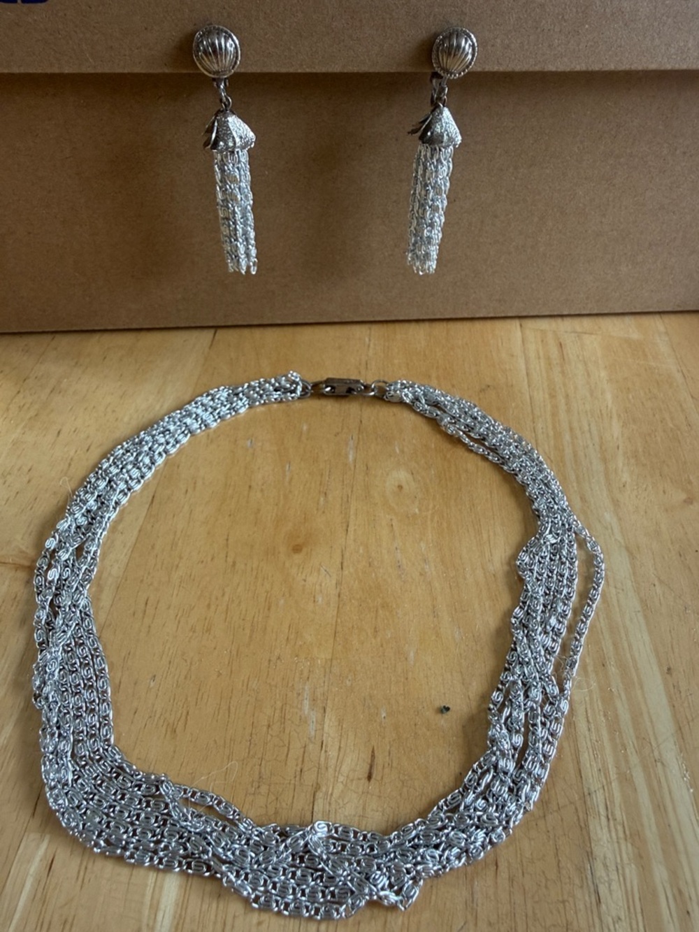Vintage Celebrity Silver Multi-Strand Choker Necklace & Tassel Earring Set